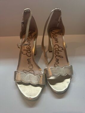 SAM. Metallic Gold Scalloped Ankle-Strap Heels